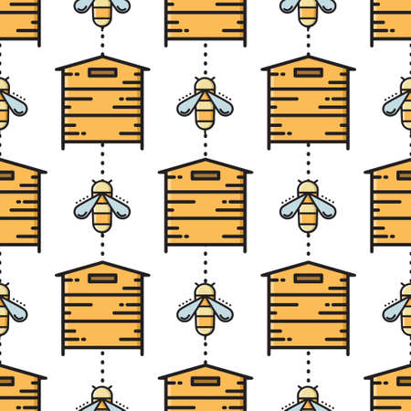 Thin line bee and beehive seamless patternのイラスト素材