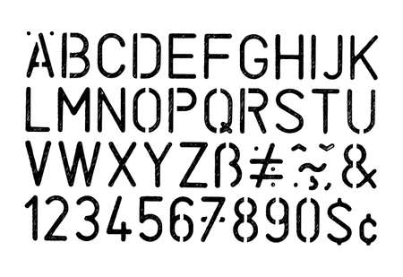 Full grunge black alphabet and numbers vector illustration isolated on white background. Stencil abc, retro military style scratched letters bold faceのイラスト素材