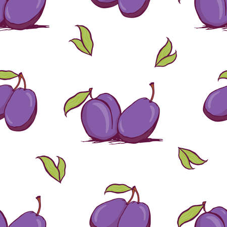 Appetizing plum sketch style vector seamless pattern on white background. Background of hand drawn fresh ripe purple plums for textile backdrop wrap cover webのイラスト素材