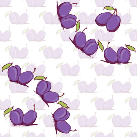 Appetizing plum sketch style vector frame and seamless pattern on white background. Background of hand drawn fresh ripe purple plums for textile backdrop wrap cover webのイラスト素材