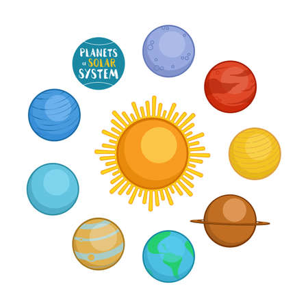 Planets of solar system, cartoon style vector illustration isolated in white background. Cute cartoon style planets - sun, Mercury, Venus, Earth, Mars, Saturn, Jupiter, Uranus, Neptuneのイラスト素材