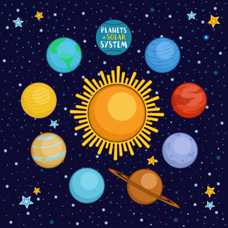 Planets of solar system in outer space, cartoon style vector illustration. Cute cartoon style planets - sun, Mercury, Venus, Earth, Mars, Saturn, Jupiter, Uranus, Neptuneのイラスト素材