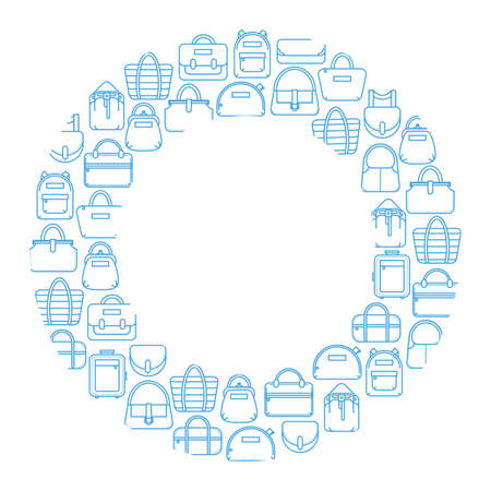 Single color fashion bag line icons as a round frame, vector illustration isolated on white background. Round frame made of thin line fashion bag iconsのイラスト素材