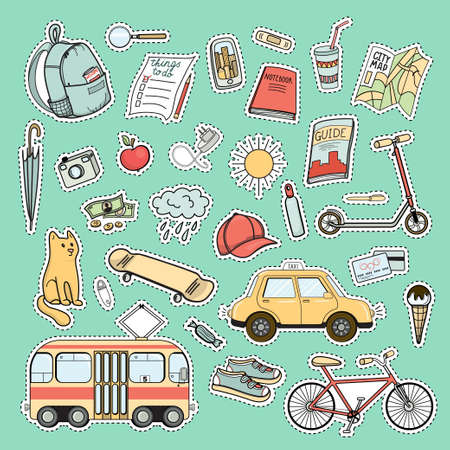 Set of colorful city life patchesのイラスト素材