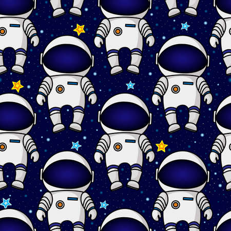 Colorful seamless cartoon space pattern with astronauts and stars on starry night sky background, vector illustration. Space travel seamless pattern with astronauts and starsのイラスト素材