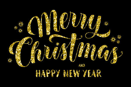 Merry Christmas and Happy New Year text in golden glitter, calligraphic vector illustration over black background. Merry Christmas and Happy New Year lettering, greeting text, golden glitterのイラスト素材