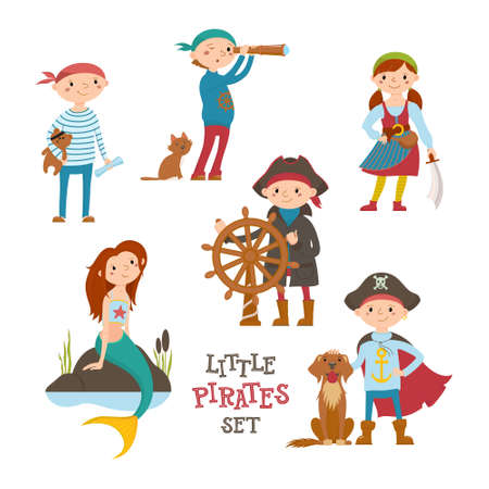 Set of cute little pirate, sailor kids and mermaid, cartoon vector illustration isolated on white background. Kids, children playing, dressed as pirates, birthday party, Halloween, sea adventuresのイラスト素材
