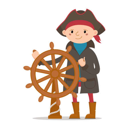 Little boy dressed as sailor, pirate captain holding ship steering wheel, cartoon vector illustration isolated on white background. Kid, boy pirate, sailor in raincoat and captain hat with ship wheelのイラスト素材