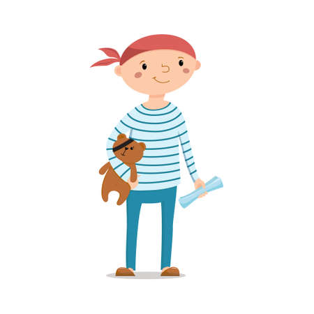 Little boy dressed as sailor holding teddy bear with pirate eye patch and treasure map, cartoon vector illustration isolated on white background. Kid boy pirate in striped sailor shirt with teddy bearのイラスト素材
