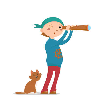 Little boy playing pirates with cat, looking into hand held telescope, spy glass, cartoon vector illustration isolated on white background. Kid boy pirate, sailor with a cat looking into telescopeのイラスト素材