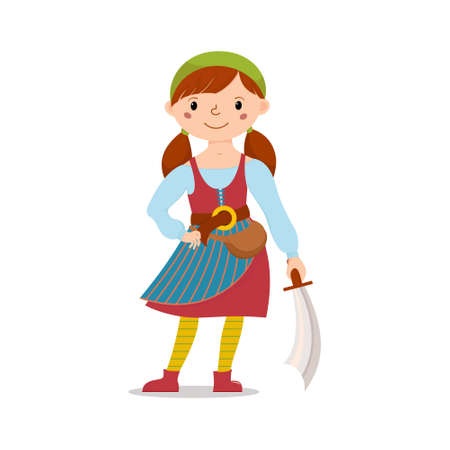 Little pirate girl in bandana and striped yellow tights holding sword, cutlass, cartoon vector illustration isolated on white background. Kid, girl in pirate costume standing with swordのイラスト素材