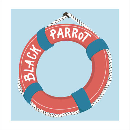 Colorful floatation hoop, lifebuoy ring hanging on pirate ship, cartoon vector illustration isolated...