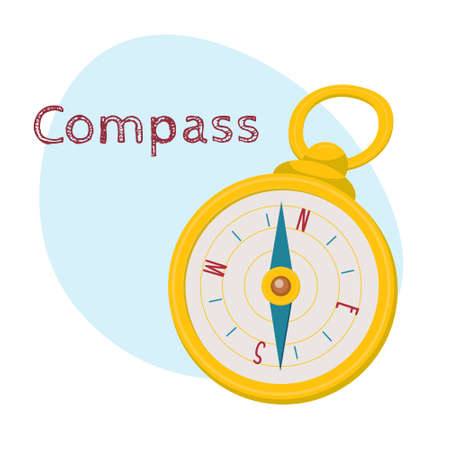 Golden retro style navigational compass with north, south, east, west indications, cartoon vector illustration isolated on white background. Cartoon style navigational compass in golden caseのイラスト素材