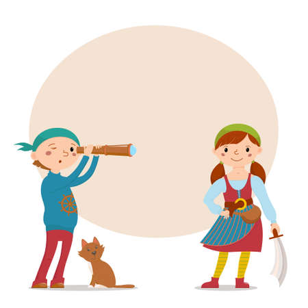 Little boy and girl dressed as pirates with cat, spy glass, sword and round place for text, cartoon vector illustration isolated on white background.のイラスト素材