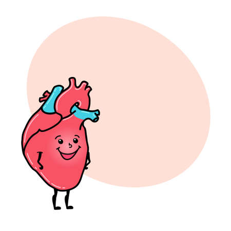 Cute and funny heart character with human face and round space for text, cartoon vector illustration isolated on white background. Healthy smiling heart character with human faceのイラスト素材