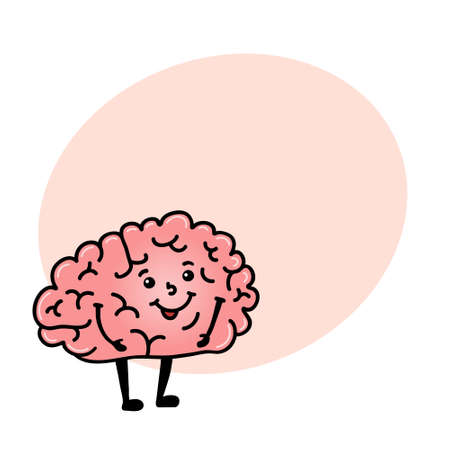 Cute and funny brain character with human face and round space for text, cartoon vector illustration isolated on white background. Healthy smiling brain character with human faceの写真素材