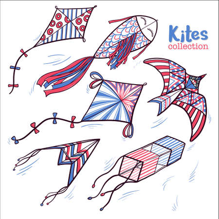 Set of hand drawn sketch style of kites hovering in the skyのイラスト素材