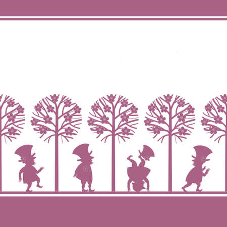 Endless border with funny gnome, leprechaun, dwarf silhouettes in spring garden, cartoon vector illustration on white background. Endless border with funny gnomes, leprechauns, paper cup designのイラスト素材