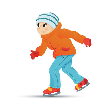 Happy boy in warm clothes ice skating, winter sport activity, retro style cartoon vector illustration isolated on white background. Retro cartoon boy ice skating, winter vacation, outdoor activityのイラスト素材