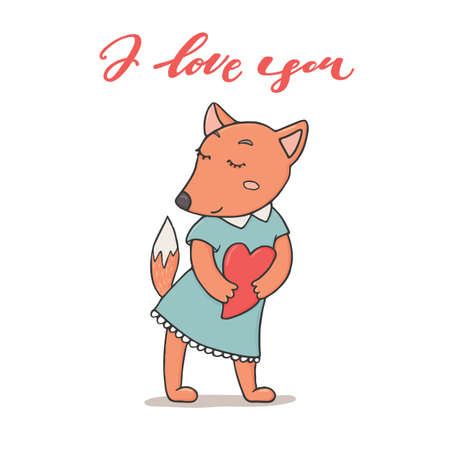 I love you greeting card with cute fox in dress holding heart, doodle vector illustration isolated on white background. Valentine day greeting card, banner with I love you text and funny fox girl.のイラスト素材