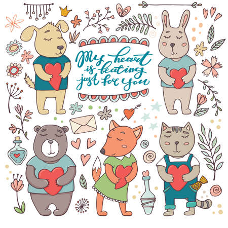 Set of animals holding hearts and doodle elementsのイラスト素材