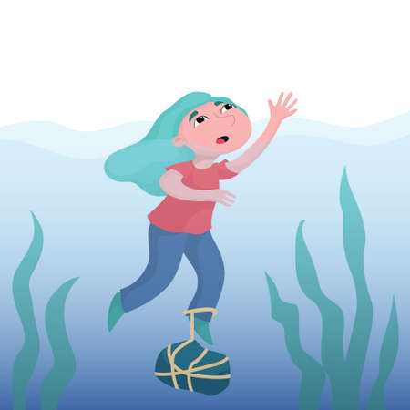 Scared girl, woman drowning in deep water with heavy rock tied to foot, crying for help, depression, mental problem concept, flat vector illustration. Girl drowning in deep water, crying for helpの写真素材