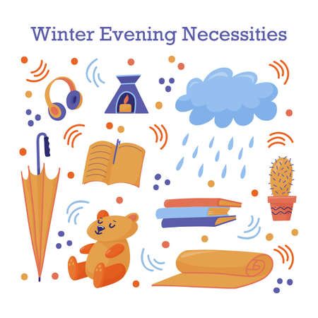 Cute sticker set with late autumn, fall, winter necessities - book, notebook, teddy bear, yoga mat, candle, cactus, aroma lamp and headphones, flat vector illustration isolated on white backgroundのイラスト素材