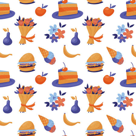 Seamless pattern with fast food - cake, burger, ice cream and fruit, cute flat style vector illustration on white background. Cake, burger, ice cream, apple, pear and banana - cute seamless patternの写真素材
