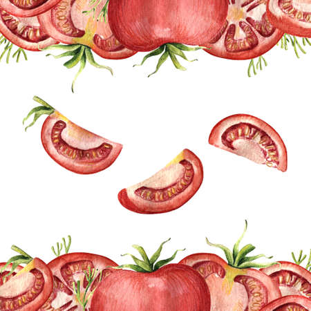 Banner, label template design with top and bottom border of tomatos - whole, half and sliced, watercolor illustration on white background. Watercolor border with red tomatos - whole, half and slicedの写真素材