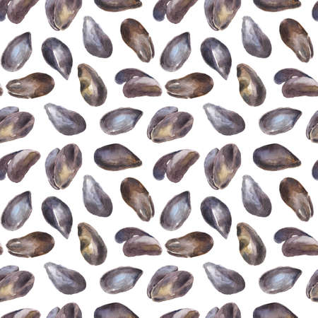 Seamless watercolor pattern with oyster shells on white background. Watercolor seamless pattern, backdrop design with oyster shells, mollusks, seafood deli on white backgroundの写真素材