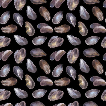Seamless watercolor pattern with oyster shells on black background. Watercolor seamless pattern, backdrop design with oyster shells, mollusks, seafood deli on black backgroundの写真素材