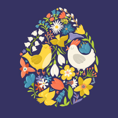 Easter egg filled with cute cartoon hen, cock and spring flowers, vector illustration isolated on dark background. Easter greeting card in egg shape filled with cute cartoon chicken and flowersのイラスト素材