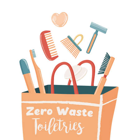 Zero Waste, eco lifestyle essentials including bamboo toothbrush body brush razor comb reusable facial pads and dry shampoo falling into paper bag, vector illustration isolated on white backgroundのイラスト素材