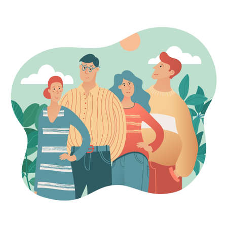 Group of young people men and women standing confidently with sky clouds plants, nature surrondings on background, stylized vector illustration. Human and nature unity banner poster designのイラスト素材