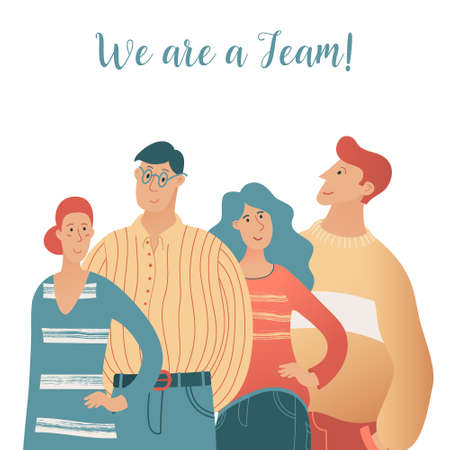 Teamwork concept poster banner template with half length portrait of four young peopple men and...