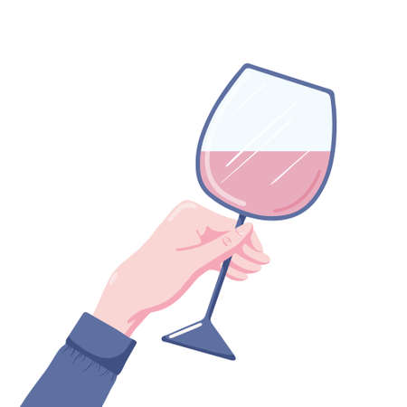 Side view flat style vector illustration of human hand holding glass of red wine, isolated on white background. Human hand holding glass of red wine, side viewのイラスト素材