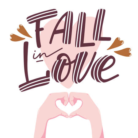 Fall in love banner, poster design with lettering and pair of human hands folding in shape of heart, vector illustration isolated on white backgroundのイラスト素材