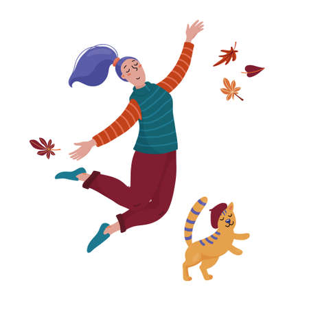 Pretty young woman in sweater, vest and pants jumping high with cat in beret hat, fall, autumn season celebration concept, flat cartoon vector illustration isolated on white backgroundのイラスト素材