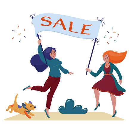 Two women, girls holding banner with Sale textのイラスト素材