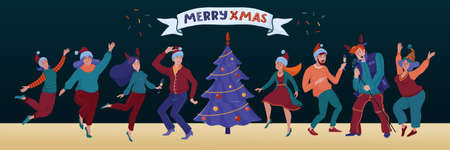 Christmas party horizontal banner, greeting card design with funny dancing people, men and women in hats and horns with champaign glasses, tree and Merry Xmas text, flat style flat vector illustrationのイラスト素材