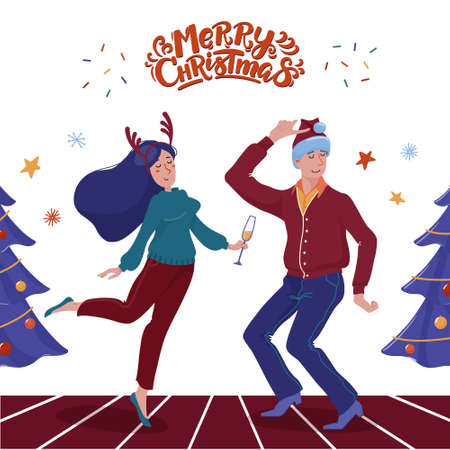 Merry Xmas greeting card design with funny man in Xmas hat and woman in reindeer horns with glass of champaign dancing together, Christmas trees and greeting text, lettering, vector illustrationのイラスト素材