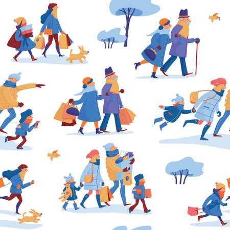 Winter sale seamless pattern with family of father, mother and kids, friends and elder couple in warm clothes hurrying, running to shopping and going home with many shopping bags, white backgroundのイラスト素材