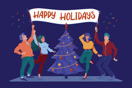 Four happy, smiling people, men and women, holding banner, placard, billboard with Happy Holidays greeting text near Christmas tree, flat cartoon vector illustration isolated on white backgroundのイラスト素材