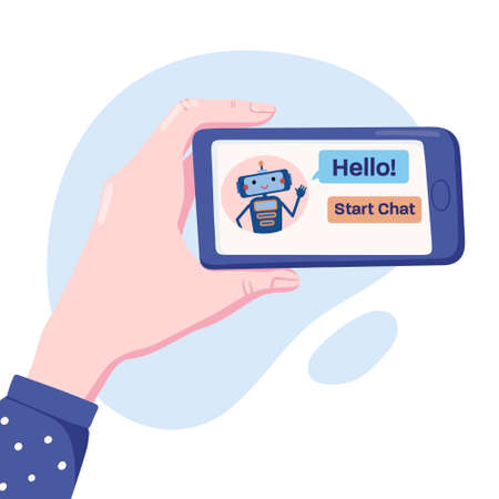 Hand holding phone with robot chatbot on screenのイラスト素材