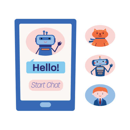 Smart phone screen showing chat with a technical assistance bot and three variants of other chatbots, artificial intelligence, virtual assistant, customer support concept, flat vector illustrationのイラスト素材