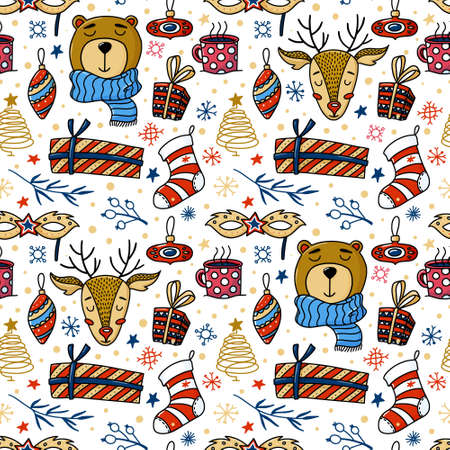 Seamless pattern with Christmas decoration doodlesのイラスト素材