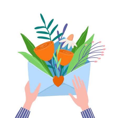 Hands holding, opening, packing envelope full of flowers and twigs with heart-shaped seal, romantic boho-style postcard, valentine greeting card, banner, vector illustration on white backgroundのイラスト素材