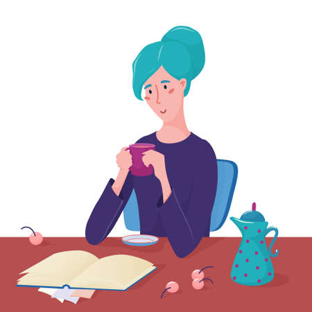 Young pretty woman sitting at the table, holding cup, mug of coffee, tea and reading a book lying in front go her, flat style vector illustration isolated on white background, banner templateのイラスト素材