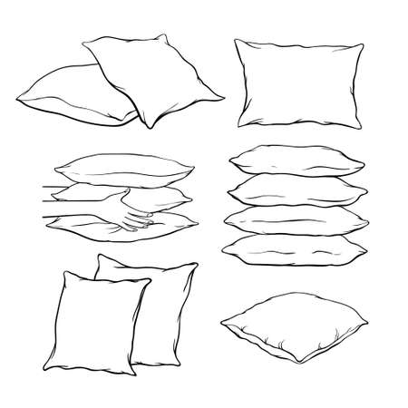 Set of blank hand-drawn sketch style pillows - one, two, stack of four, hand holding pile of three pillows, vector illustration isolated on white background. Set of hand-drawn, sketch style pillowsのイラスト素材
