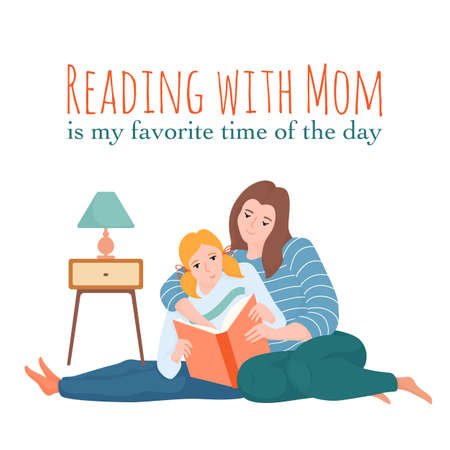Mother and daughter reading a book togetherのイラスト素材